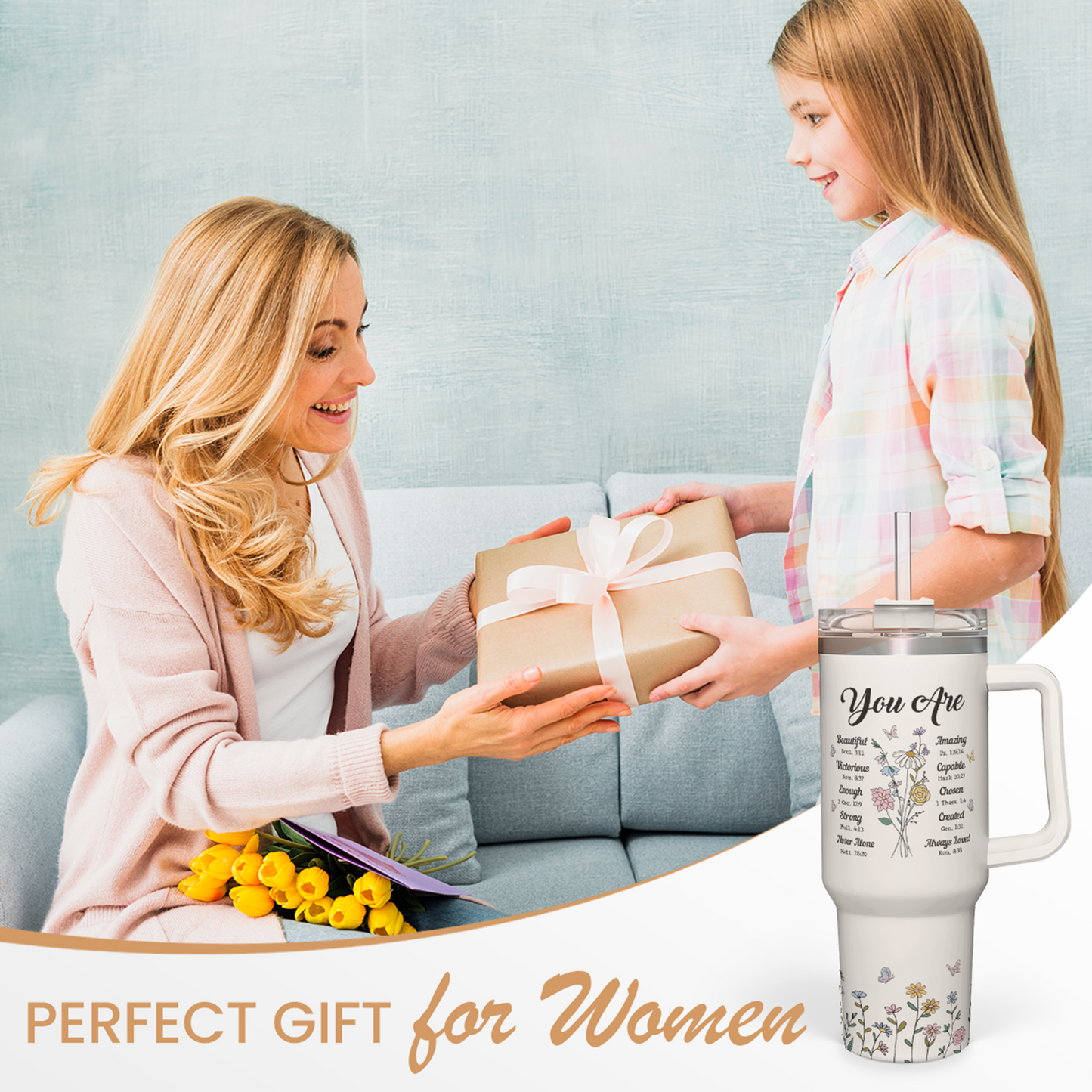 Christian Gifts for Women, Inspiration Gifts Tumbler 40oz Stainless Steel Insulated with Handle and Straw - Mother's Day Birthday Religious Gifts for Mom, Friend, Sister, Grandma