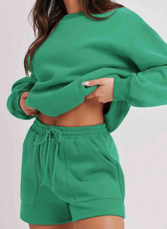 Ladies Solid Color Long Sleeves Sweatshirt & Shorts Set