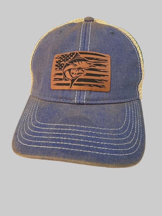 Marlin Patch Hat – Vintage Blue Trucker Cap, Leather Fishing Hat, Coastal Dad Hat, Offshore Fishing Cap, Beach Fisherman Gift