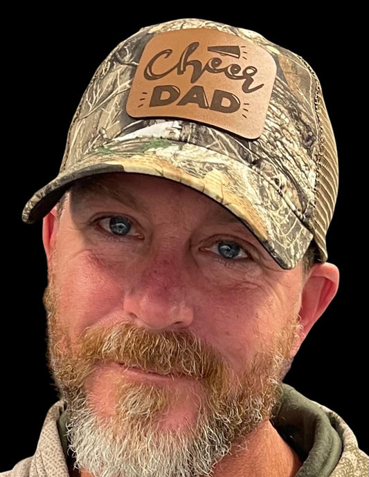 Custom Camouflage Cheer Dad Leather Patch/ Real Tree Hat. Great Gift for all Cheer Dad's supporting their Cheerleader.