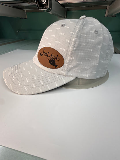 Just Fish Leather Patch Hat – Fishing Dad Hat, Coastal Fishing Cap, Minimalist Fisherman Hat, Outdoor Lifestyle Hat