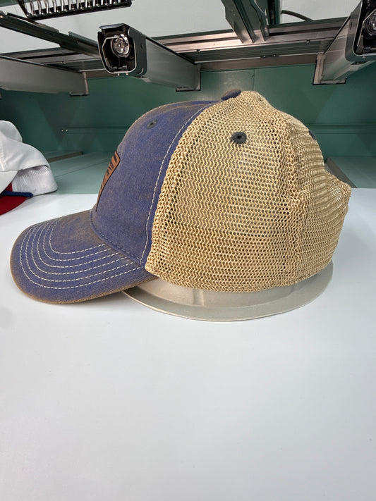 Marlin Patch Hat – Vintage Blue Trucker Cap, Leather Fishing Hat, Coastal Dad Hat, Offshore Fishing Cap, Beach Fisherman Gift