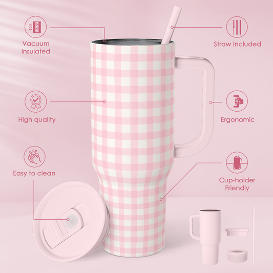 Pink Gingham 40oz Slider Tumbler with Handle and Straw - Insulated Stainless Steel Travel Coffee Mug for Women Girls, Gift for Birthday, Christmas