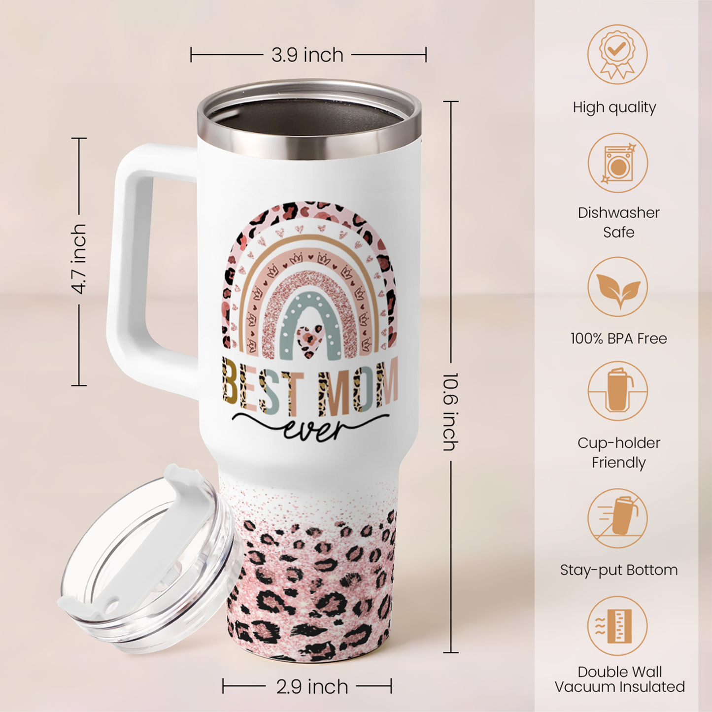 Mom Gifts for Women Mom Nutrition Facts Tumbler Stainless Steel 40oz with Handle Insulated Travel Cup Best Mom Ever Coffee Cup, Mother's Day Christmas Birthday Gifts from Son Daughter