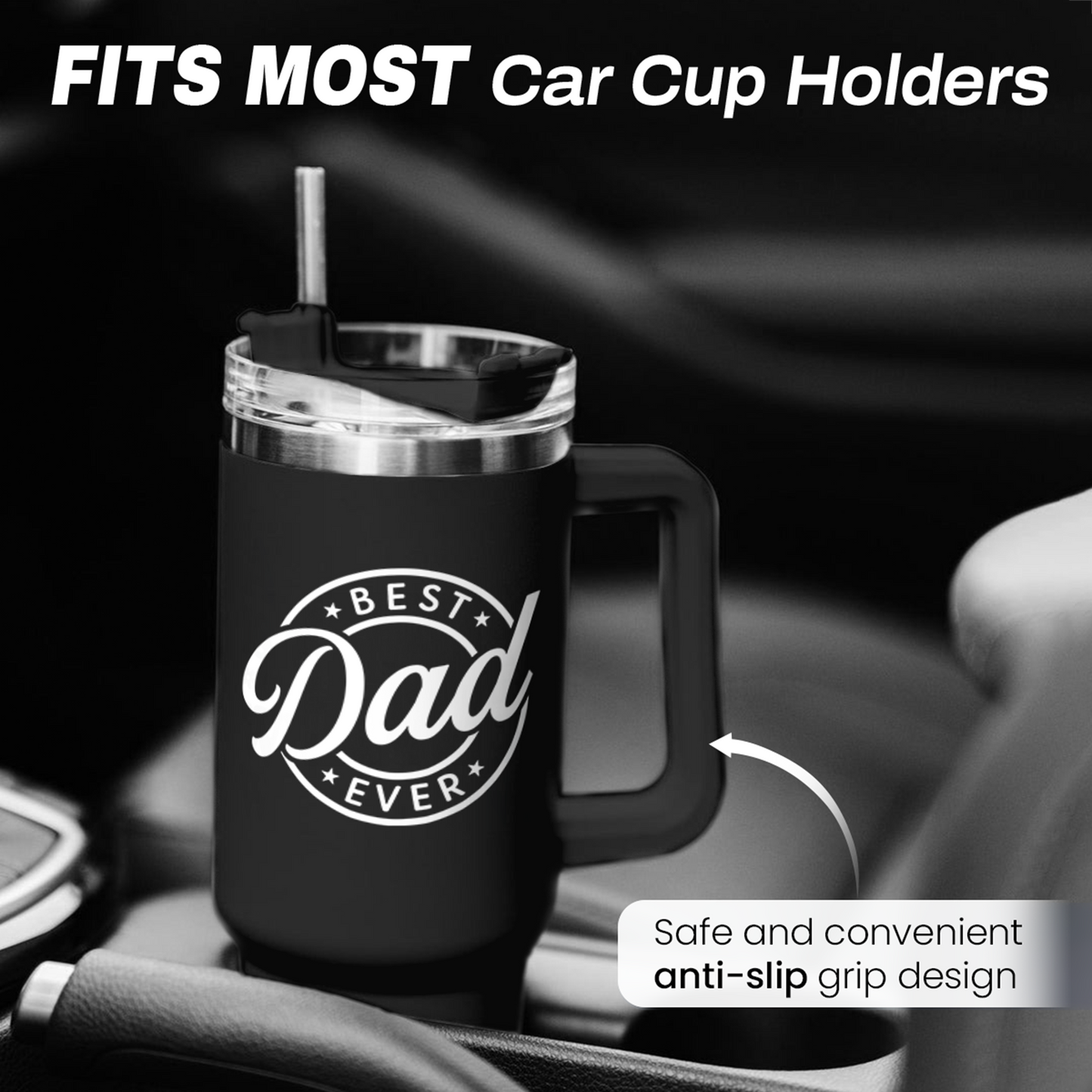Best Dad Ever Tumbler with Handle 40oz Stainless Steel Insulated - Dad Gifts for Dad from Daughter Son - Coffee Tumbler for Dad Father's Day Birthday Christmas Cup Gift Set with Lid & Straw