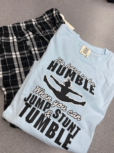 Cheer Pajama Set – Humble When You Stunt & Tumble Tee with Plaid Pants | Cheerleader Gift | Sleep Set | Competition Gift Idea
