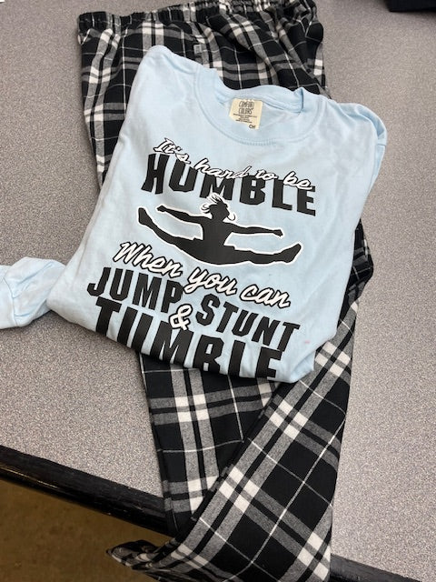 Cheer Pajama Set – Humble When You Stunt & Tumble Tee with Plaid Pants | Cheerleader Gift | Sleep Set | Competition Gift Idea
