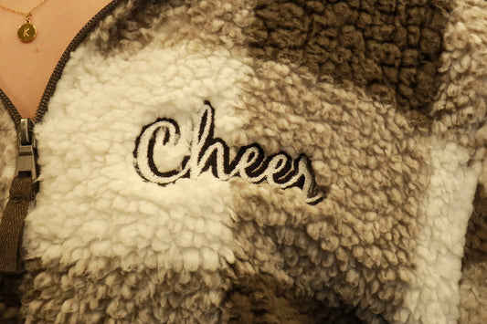 Cheer Embroidered Buffalo Plaid Sherpa Quarter Zip