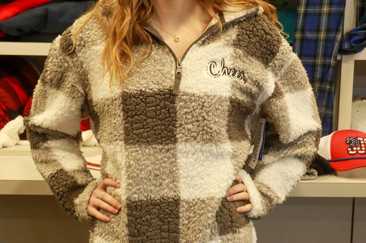 Cheer Embroidered Buffalo Plaid Sherpa Quarter Zip