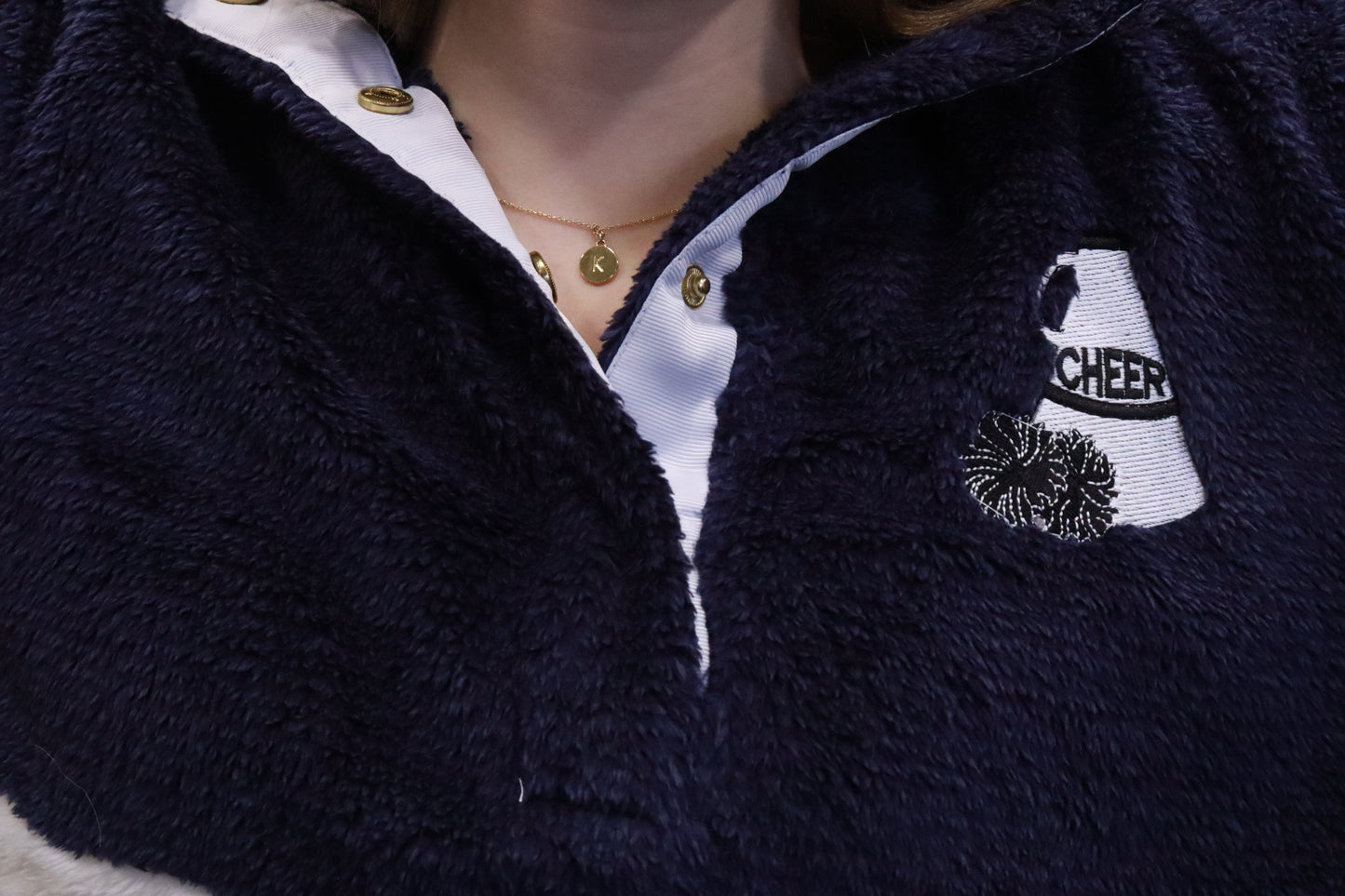 Two-Tone Cheer Embroidered Sherpa Button  Fleece