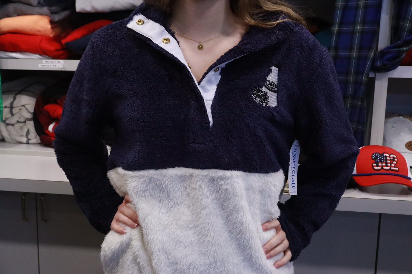Two-Tone Cheer Embroidered Sherpa Button  Fleece