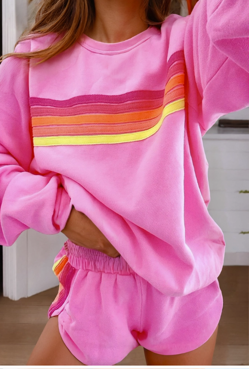 Retro Stripe Lounge Set – Embroidered Sweatshirt & Shorts (Black or Pink)