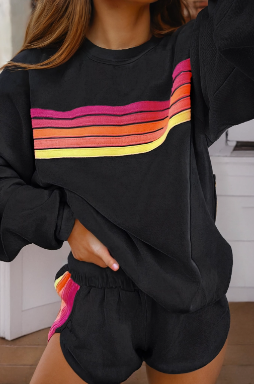 Retro Stripe Lounge Set – Embroidered Sweatshirt & Shorts (Black or Pink)