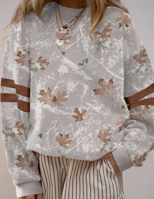 Gray Maple Leaf Camo Print Varsity Striped Sleeve Casual Sweatshirt