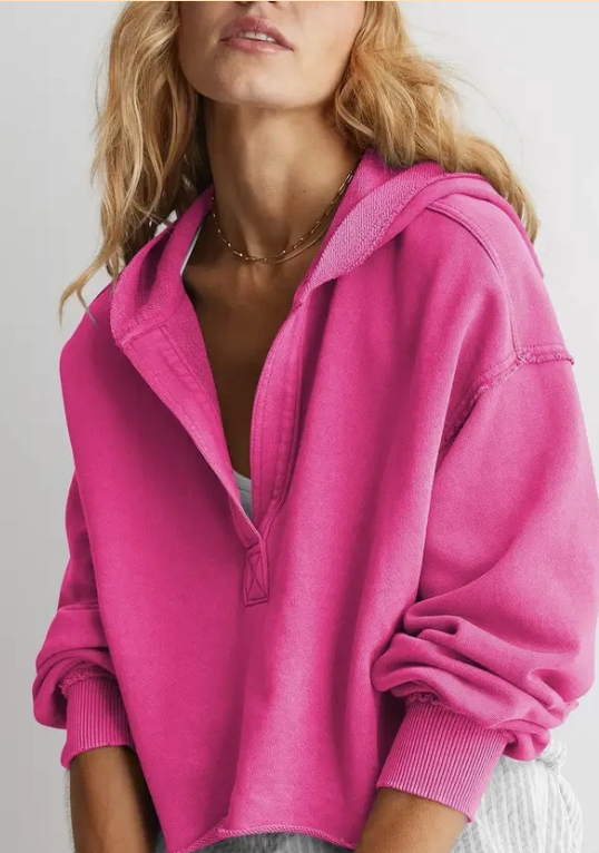 V-Neck Hooded Pullover Sweater Loose Fit Long Sleeve Top