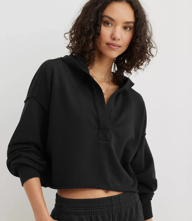 V-Neck Hooded Pullover Sweater Loose Fit Long Sleeve Top