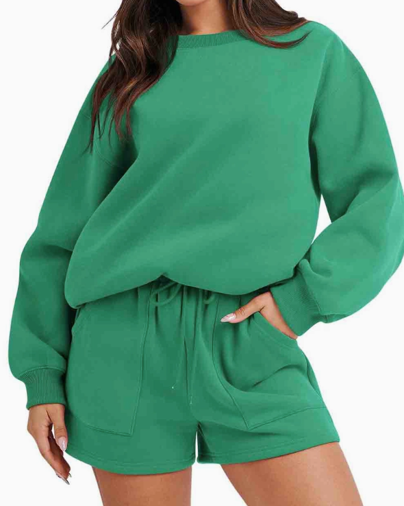 Ladies Solid Color Long Sleeves Sweatshirt & Shorts Set