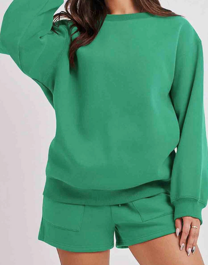 Ladies Solid Color Long Sleeves Sweatshirt & Shorts Set