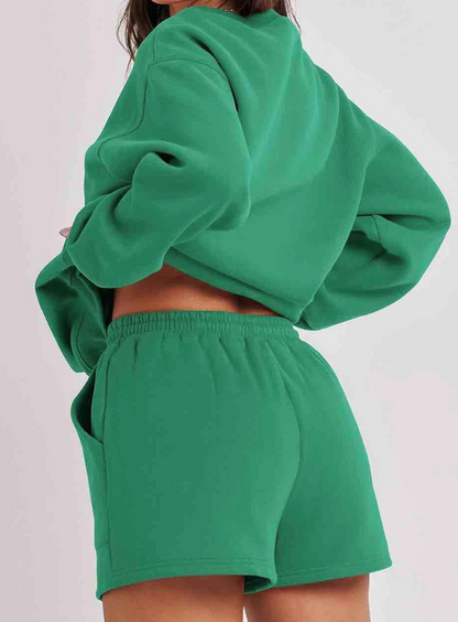 Ladies Solid Color Long Sleeves Sweatshirt & Shorts Set