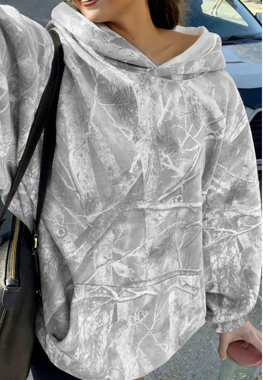 Women’s Oversized Camo Hoodie – Soft Grey Tree Camo Sweatshirt, Cozy Pullover, Boyfriend Fit Hoodie, Outdoor Casual Hoodie