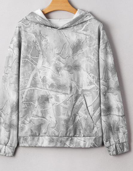 Women’s Oversized Camo Hoodie – Soft Grey Tree Camo Sweatshirt, Cozy Pullover, Boyfriend Fit Hoodie, Outdoor Casual Hoodie