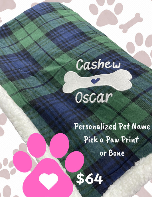 Pet Name/Names Sherpa Flannel Plaid Blanket Personalized Embroidery/ Custom Dog/ Cat Names Best Gift Idea for Him or Her
