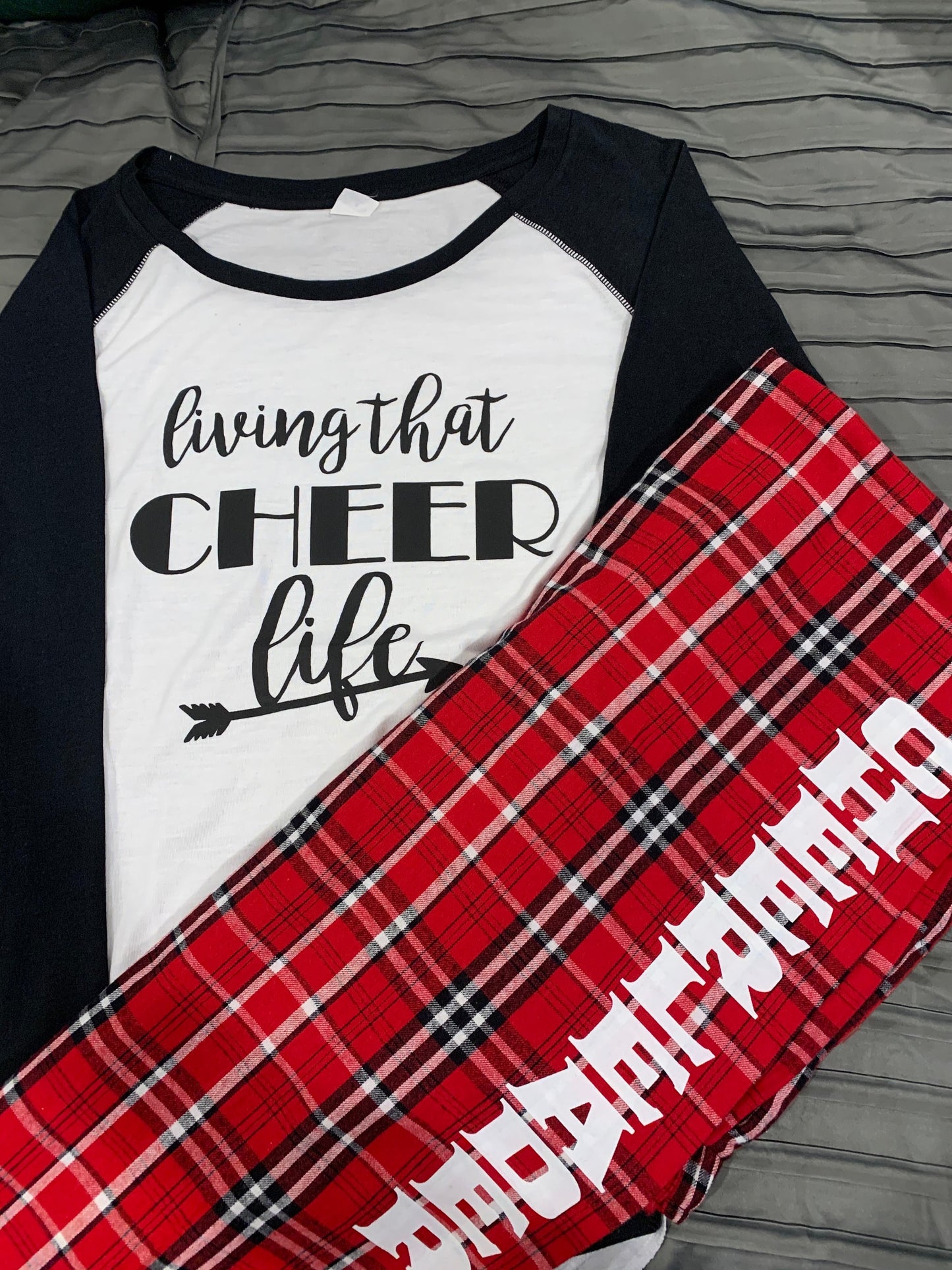 Plaid Flannel Cheerleader Lounge Pants Pajama Shirt/Pants, Matching Top, Cheer Leading PJ Shirt And Bottoms, Cheer Gift Matching Pajama Set