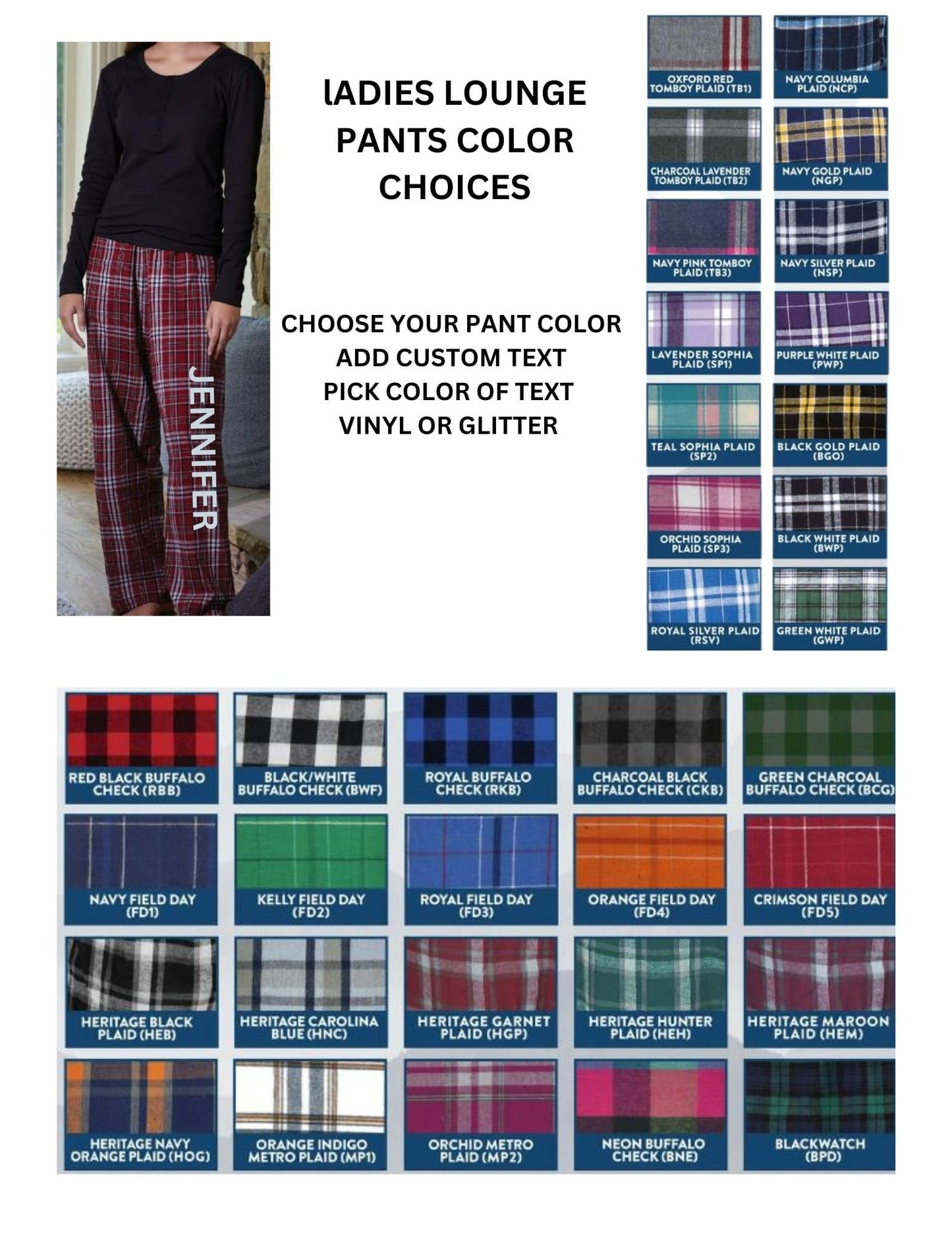 Flannel Plaid Lounge Pants Customized Sport Team Matching Color Wear Team or School Pride Cheer Spirit Screen Print Down Leg Customization