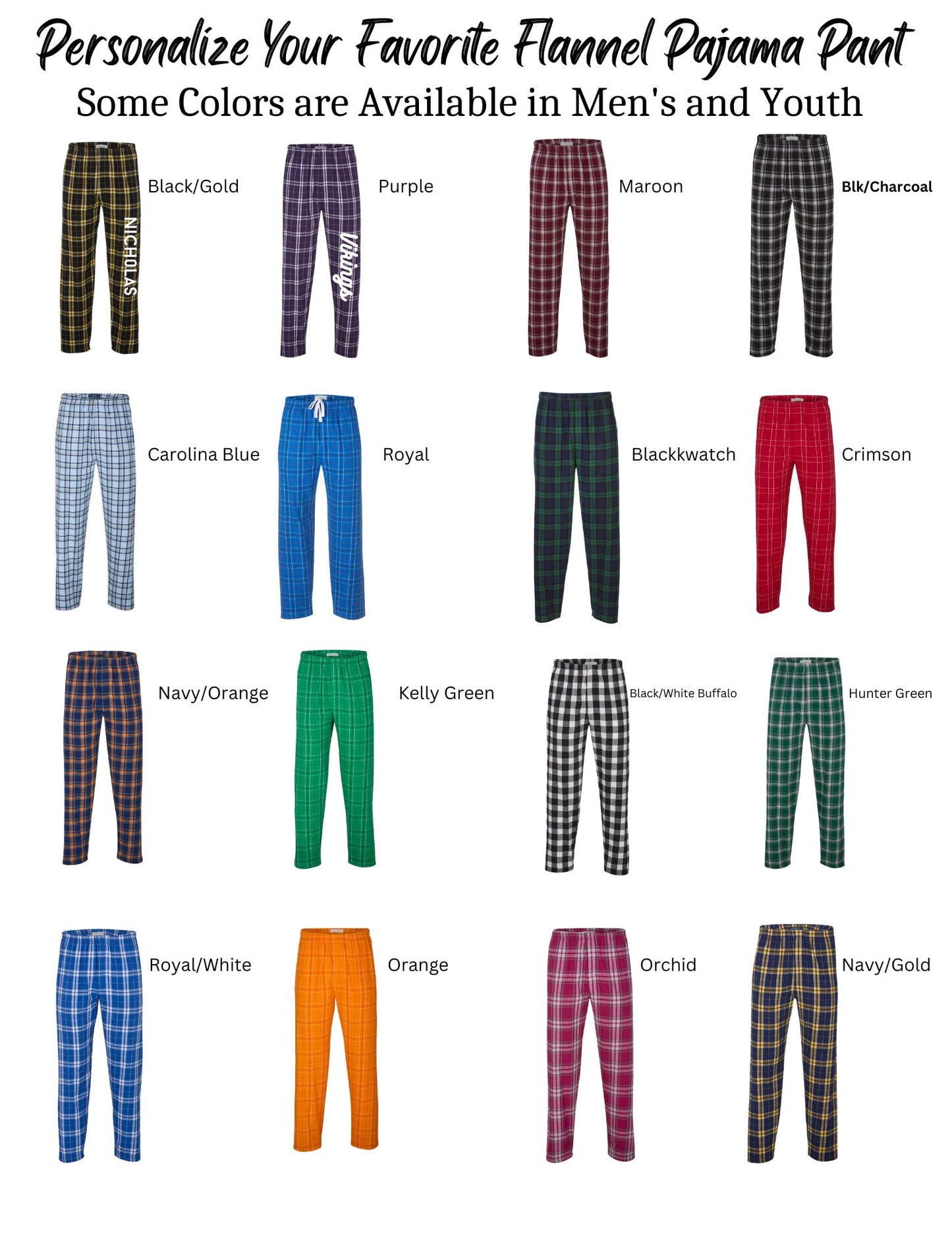 Flannel Plaid Lounge Pants Customized Sport Team Matching Color Wear Team or School Pride Cheer Spirit Screen Print Down Leg Customization